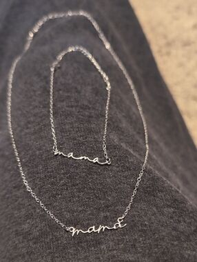 Mama Script Pendant Necklace and Bracelet- Silver Tone